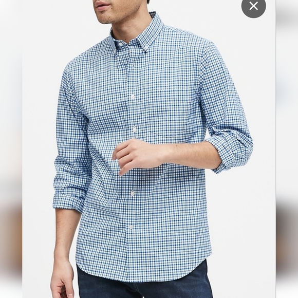 Banana Republic Slim Flex Fit Tech Stretch Cotton Blue Checker Shirt Size Large - Picture 1 of 9